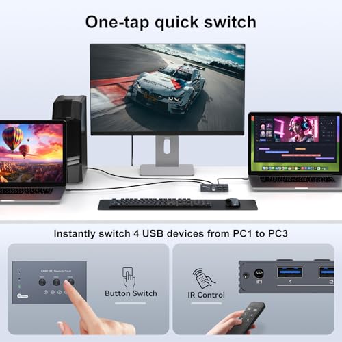 Image of THXCDBID USB 3.0 Switch 3 Computers Sharing 4 USB-A Port USB Switch Selector 5Gbps Sharing Keyboard Mouse Printer Scanner Includes 3 USB 3.0 Input Cables and IR Remote Control