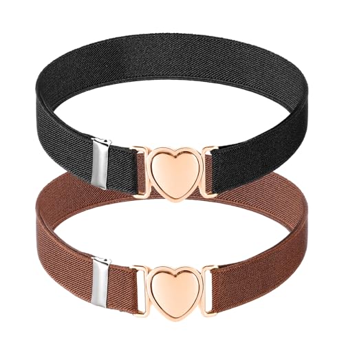 2Pcs Girls Belt, Elastic Belts Adjustable Brown and Black Waist Belts Stretch Belts with Heart Buckle for Kids Teen Girls Women Pants Jeans Dress