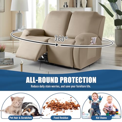Image of TAOCOCO Recliner Loveseat Covers Stretch Sofa Covers for 2 Seat Large Reclining Couch, 2 Pieces Reclining Loveseat Covers Soft Washable Furniture Protector with Pocket (2 Seater Oversized, Taupe)