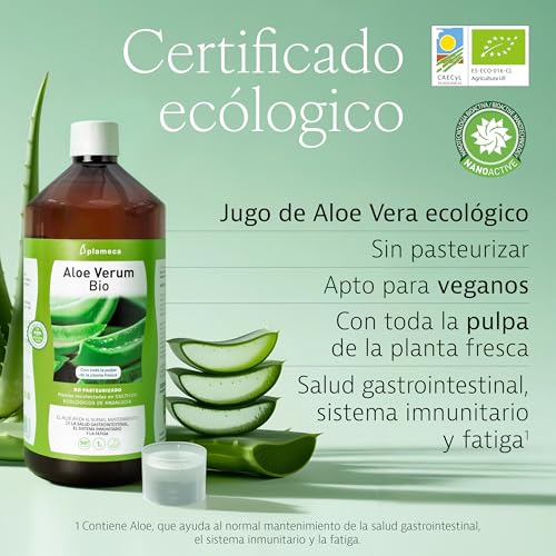PLAMECA Aloe Verum Bio, Salud Gastrointestinal, Sistema Inmunitario y Situaciones de Fatiga, Jugo puro Aloe Vera con Pulpa y Sin Aloína 100% BIO, 1L - imagen 2
