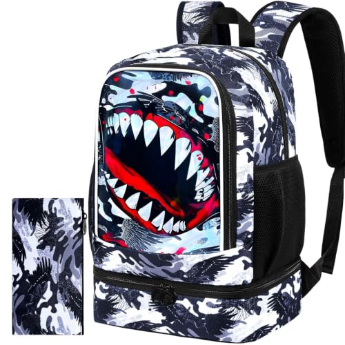 Image of 2 In 1 Shark Backpack for Boys, 17 inch Kids Bookbag with Lunch Box, School Backpacks for Elementary Preschool Kindergarten (Black)