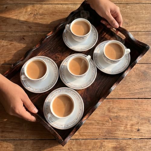 Image of Wooden Rectangular Serving Tray for Home & Kitchen - 13 x 9 Inch Antique Finish Breakfast, Tea & Snacks Tray with Handles for Dining Table, Coffee Table & Serving Guests