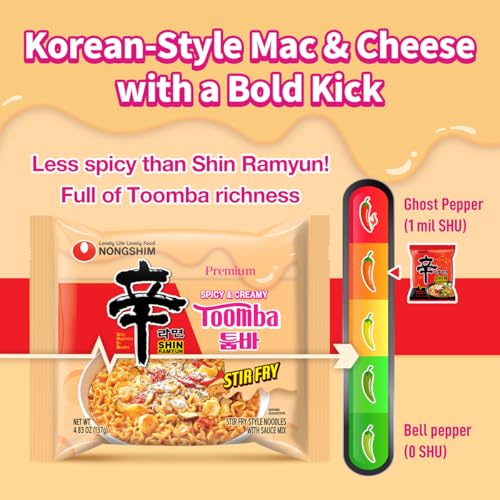 Image of Nongshim Shin Ramyun Toomba Noodles, Creamy Korean Mac and Cheese Style Noodles, Gentle Kick of Spice, Korean Stir Fry Style Instant Noodles, 4.83 oz (Pack of 4), Packaging May Vary.
