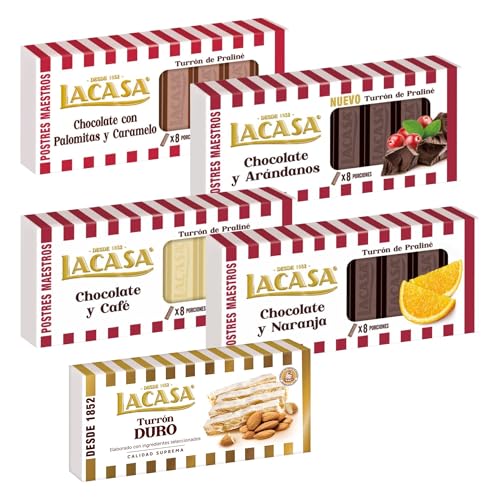 Surtido Turrones Lacasa: 5 tabletas de turrón variadas: Duro, Chocolate y almendras, Arroz con leche, Crema catalana y Chocolate y avellanas