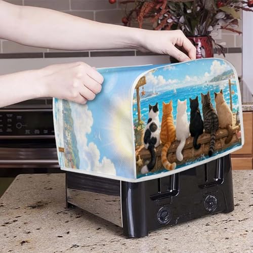 Image of Talayituse Cat Sea Beach Print 2 Slice Toaster Dust Covers Kitchen Small Appliance Cover, Stain Resistant Dust Protection Bread Machine Cover with Top Handle, S