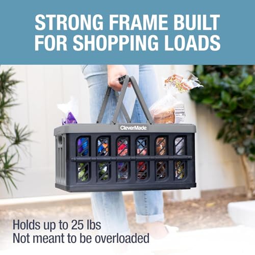 Image of CleverMade Collapsible Shopping Basket with Handles - 24L Collapsible Grocery Tote, Plastic Storage Baskets Fold Flat, Stackable Collapsible Storage Bins for Car & Home - Stone
