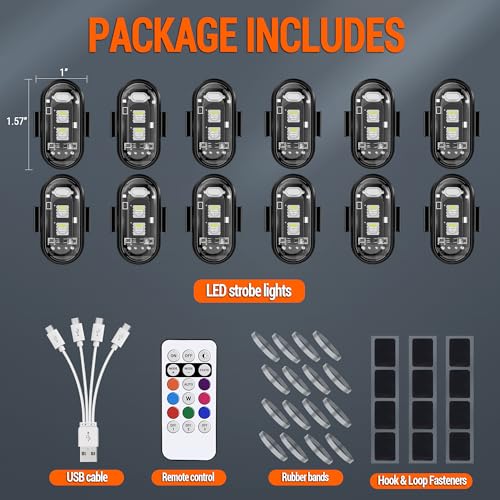 Image of 12PCS Wireless LED Strobe Lights, Remote Control 8 Colors USB Charging Waterproof Anti-Collision Flashing Lights for Car Motorcycle Drone Aircraft Bike