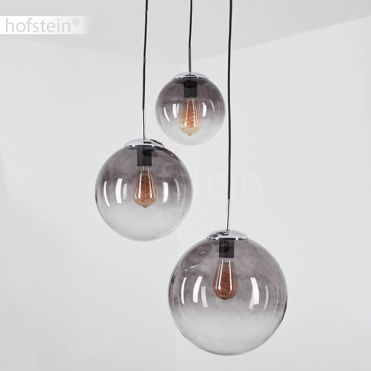 Lampada a sospensione Degevos, lampada a soffitto a 3 luci in metallo/vetro in colore cromo, lampada a sospensione moderna con sfere in vero vetro, altezza massima 120 cm, 3 x E27, senza lampadina/e