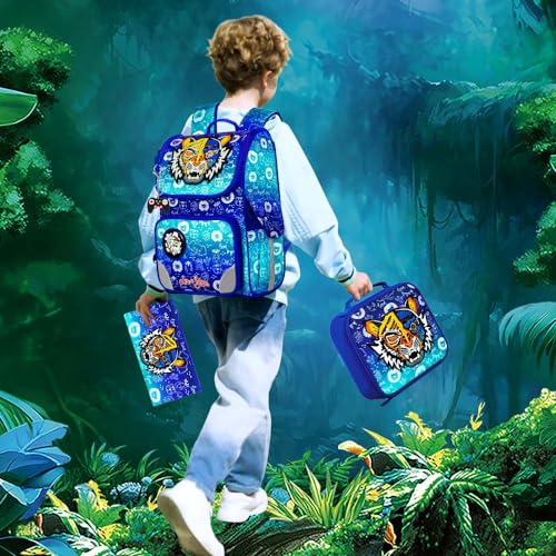 Image of HPJGD Boys Tiger Backpack, 15 inch Kids Bookabag with Lunch Box, 3PCS Shcool Bag Set for Elementary Preschool Toddler