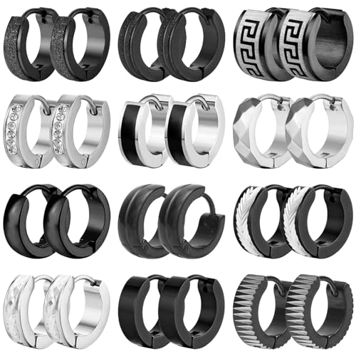 12 Pairs Stainless Steel Hoop Earrings for Men Hypoallergenic Earring Unisex Earring Black Silver Hoop Earrings for Women Men