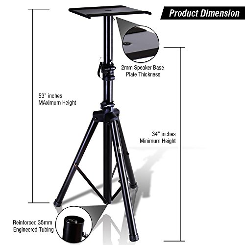 Pyle PSTND32 Dual Studio Monitor 2 Speaker Stand Mount Kit - Heavy Duty Tripod Pair And Height Adjustable From 34 Inch To 53 Inch W/Metal Platform Base thumb #1