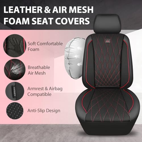 Image of CAR PASS Thick Foam 3D Air Mesh Leather Car Seat Covers Front Seats Only, Breathable Premuim Leather Two Front Seat Cover, Airbag Compatible Universal Fit for 95% Sedan Van Truck SUV,Black and Red