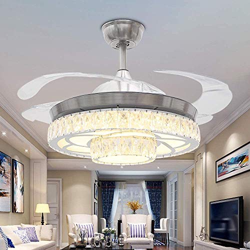 Southerns Lighting 42 Inch Modern Crystal Ceiling Fan Light with Remote Control 3 Changed Light 6 Fan Speed Retractable Blade Ceiling Fan Chandelier Light for Living Room Bedroom Reversible Ceiling Fan (Chrome-04)