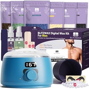 BLITZWAX Back and Nose Waxing Kit for Men, Hard Wax Warmer for Brazilian, Body and Face, At Home Hair Removal Kit, Beginner Friendly, Quick Heating, 93 Accessories, Royal Blue