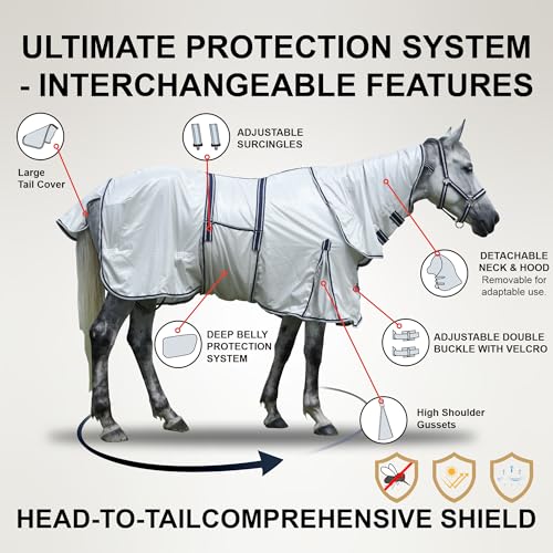 Image of Summer Horse Fly Sheet with Detachable Neck & Belly Wrap, Breathable Fine Mesh Sweet Itch Protection for Stable & Pasture Turnout, Biting Defense & All-Day Comfort Shield Lightgrey 75 inch