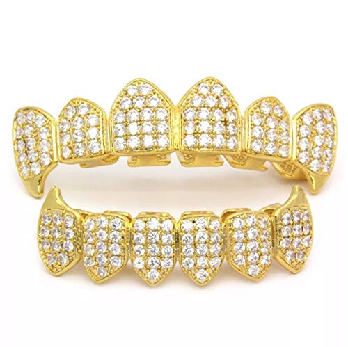 Shop-iGold 18K Gold Plated CZ Cluster Custom Slugs Top Bottom Grillz Fangs Mouth Teeth Grills Set - Grillz, Teeth Cap, Iced Out Grillz (Top)