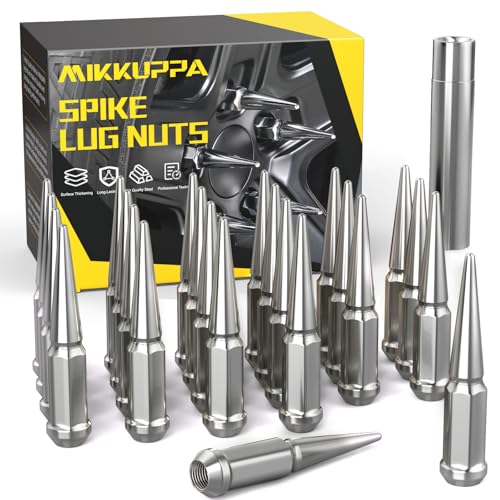Image of MIKKUPPA M14x1.5 Spike Lug Nuts, 24PCS Chrome Wheel Spiked Lug Nuts, Cone /Conical Bulge Seat, Silver Closed End Nuts with 1 Socket Key for Chevy Silverado Ford F-150 GMC Sierra Aftermarket Wheel