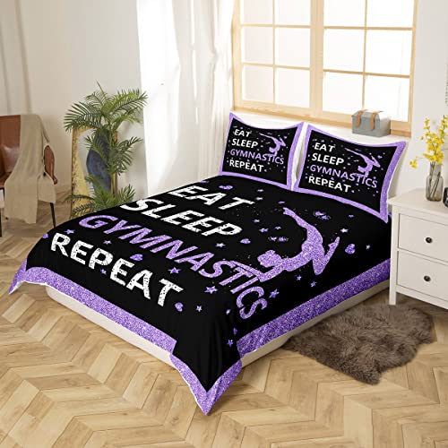 Homewish Double Bedding Sets for Girls,Eat Sleep Gymnastics Comforter Cover Purple Black Gymnastics Bed Set for Gymnast Glitter Sequins Love Hearts Stars Decor,1 Duvet Cover with 2 Pillow Cases - Image 3