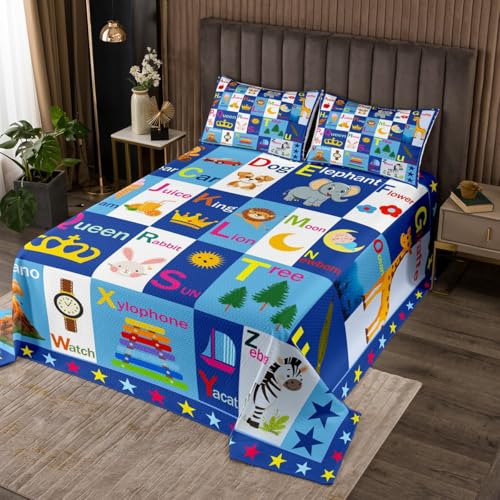 Feelyou Kids ABC Alphabet Coverlet Set Queen Size, Educational Bedspread Boys Girls Learning Quilted Coverlet Teens Bedroom Decor 3Pcs