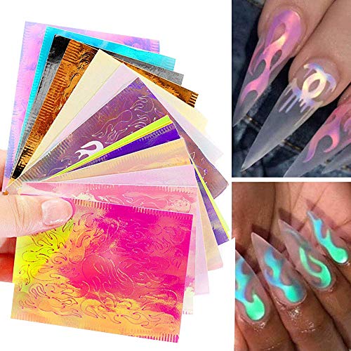 CUHAWUDBA 16 Sheets Self-Adhesive 3D Flame Nail Art Stickers Decals Mixed Design Manicure DIY Decoration Tools