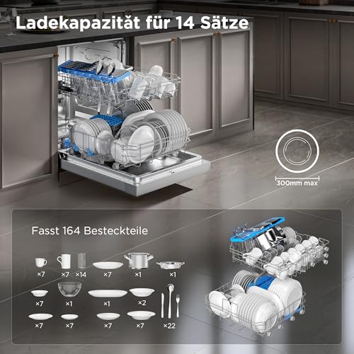 Midea Geschirrspüler 60cm Freistehend, SF 3.60N PRO Spülmaschine mit WLAN, 14 Maßgedecke, Geschirrspüler Unterbaufähig, 5 Programme, Höhenverstellbarer Oberkorb, 47 dB, Inox