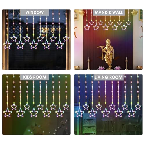 Image of MoonlitDreams Fairy Star Curtain LED String Light 10 Diyas 96 LED 3 Meter Plug in Decorative Lighting with 8 Modes for Window Curtain Home Festival Party Decor