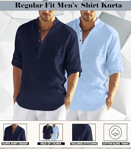 Image of Zombom Men's Combo Cotton Polyester Blend Solid Full Sleeve Straight Regular Fit Mandarin /Chinese Collor Kurta (Pack of 2)
