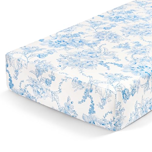 Image of DILIMI Fitted Crib Sheets for Baby Boys and Girls, Ultra-Soft Breathable Baby Crib Sheet Fits Standard Crib and Toddler Mattress, Blue Floral