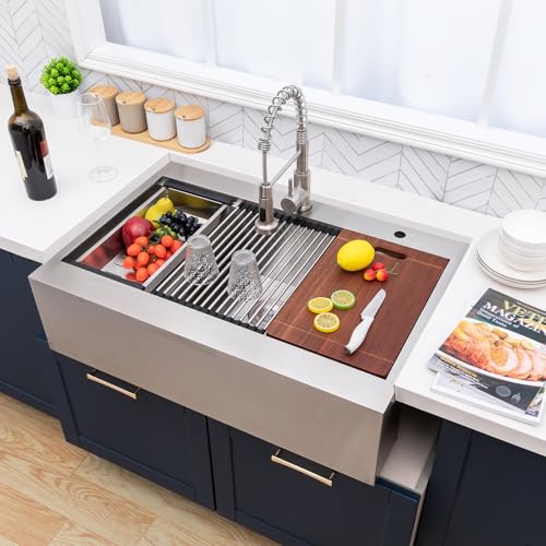 Image of 33 Farmhouse Sink, Drop In Stainless Steel Apron Front Farm Sink 33x22x9 Single Bowl 16 Gauge with Accessories