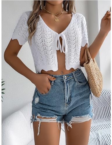 Perbai Womens Summer Crochet Cardigan Jacket Short Sleeve Tie Front Cropped Bolero Shrug for Dress3