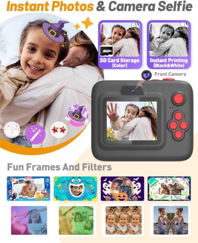 Image of Yehtta Kids Camera Instant Print, Dual-Lens Selfie Camera for Kids, Black | Christmas Birthday Gifts Toys for 3-12 Year Old Boys Girls, 2.4in Screen 1080P Kid Digital Camera,Portable Toys for 3-12