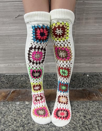 Image of Leoparts Crochet Thigh High Socks Granny Square Over Knee High Retro Knitted Stocking Colorful Leg Warmers