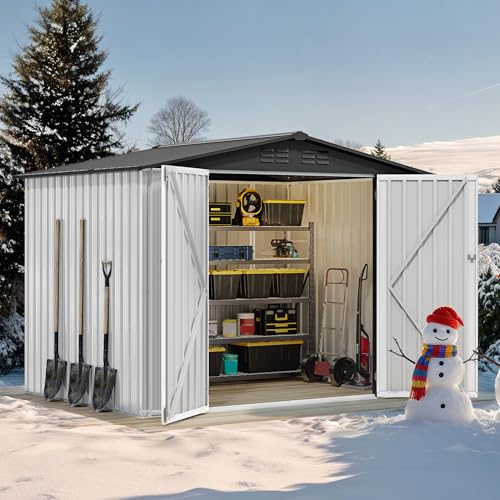 Image of DWVO 8x6FT Outdoor Storage Shelter, Roomy Steel Tool Shed with Secure Entrances & Air Circulation for Patio, Lawn, and Backyard, Ideal for Storing Garden Gear, Lawn Tools, and Bikes, White