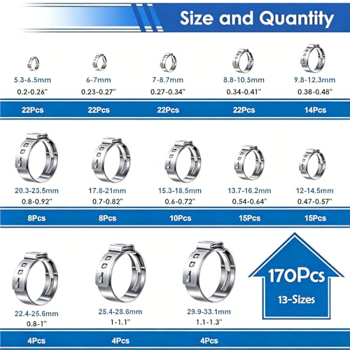 Image of 170Pcs 13 Sizes 304 Stainless Steel Single Ear Hose Clamps 5.3-31.6mm Crimp Hose Clamps Assortment Kit Perfect for Automotive /Home Appliance /Water Pipe and Fuel Line