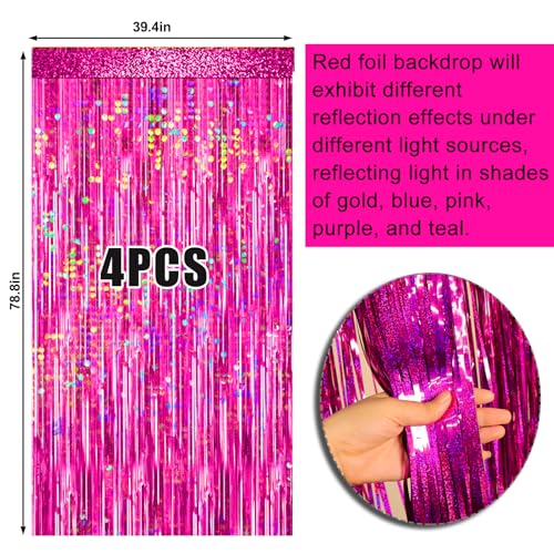 Image of 4 Packs Hot Pink Foil Fringe Curtain, Pink Glitter Metallic Tinsel Backdrop for Birthday, Wedding, Baby Shower, Bachelorette Cowgirl Princess Party Decorations Supplies