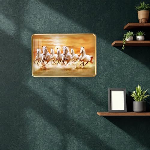 Image of 7 Running Horses Photo Frame, Ultra High Gloss Lamination, Vastu Painting for Living Room, Office, 12x18 Inch (Design 2)
