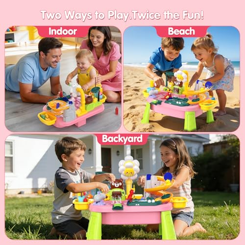 Water Table for Toddlers 1-3, Outdoor Toys for Kids Ages 4-8 with Pump, Kitchen Play Sink with Running Water, Fishing Toys Playset, Summer Outside Sand Water Sensory Activity Pool Toys Gifts, Pink - image 3