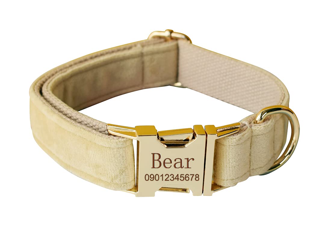 Velvet Dog Collar Personalized with Name Phone Number Engraved, Custom Pet Collars with Metal Buckle(Beige, M)