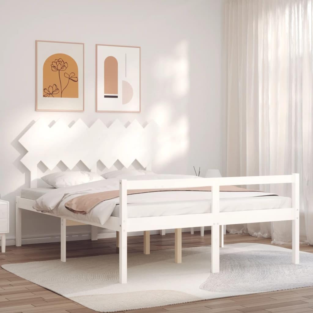Seniorenbett aus massivem Kiefernholz 140x190 cm Weiß mit Kopfteil und Stauraum, seniorengerechtes Bettgestell mit Lattenrost für Schlafzimmer und Gästezimmer