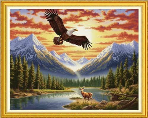 Image of DMCVIVR Stamped Cross Stitch Kits for Beginners Adults Needlepoint Kits for Beginners Embroidery Kits for Adults Crossstitch Kit for Beginners 11CT- Sunrise Eagle 16x20 inch
