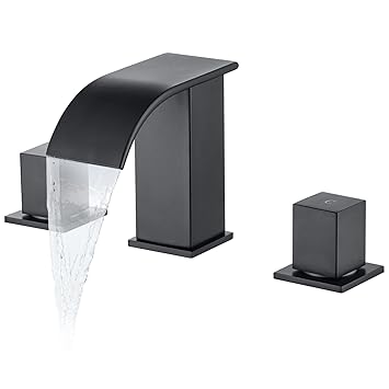 HAMOLER 8 Inch Widespread Waterfall Bathroom Faucet 3 Hole Basin Mixer Tap 2 Handle Vanity Faucet with Supply Line Hoses, Matte Black