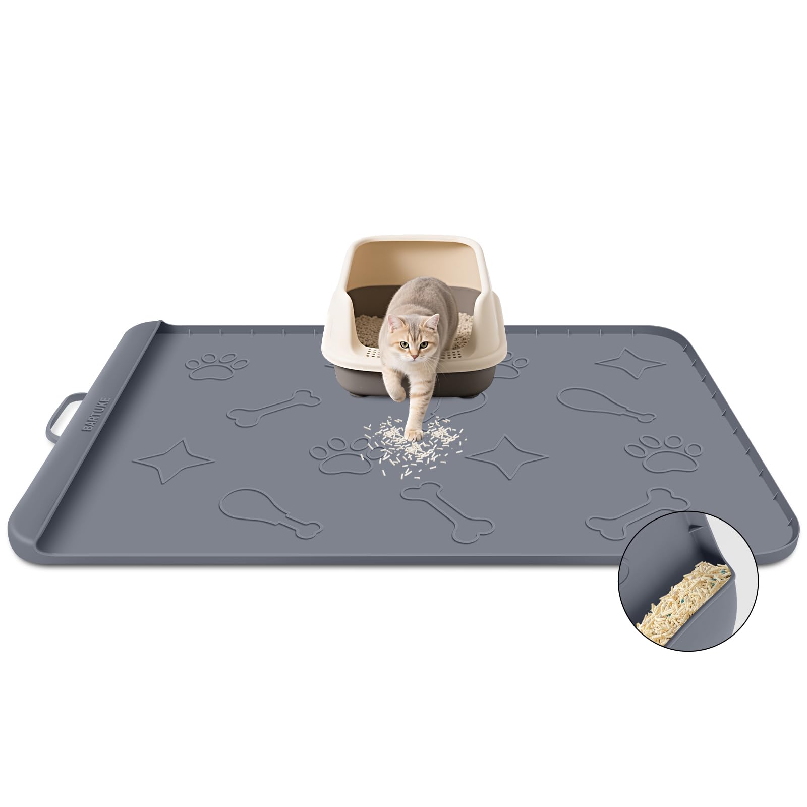 Tappetino per lettiera per gatti in silicone, con tasca di raccolta, grande, 106 x 71 cm, impermeabile, antiscivolo, con bordo e manico, tovaglietta per animali domestici per pavimenti