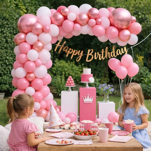 Image of Rozi Decoration Pink Balloon Kit with Rose Gold Happy Birthday Banner, Pastel Pink Metallic Balloons Garland Set for Girls Kids Adults Birthday Parties Decoration Supplies Pack of 42 Pcs