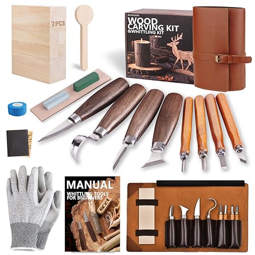 Wood Carving Kit Whittling Kit: Deluxe Wood Carving Tools Set with Leather Case - Wood Carving Knife with Basswood Blocks Woodworking Widdle Gift for Beginners Kids Adults Hobby