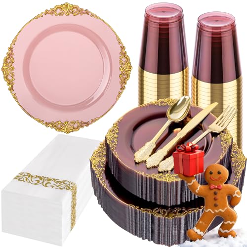 Hioasis 175pcs Burgundy and Gold Plastic Plates - Elegant Disposable Dinnerware Set Suitable for 25 Guests Include 10.25 Hioasis 175pcs Burgundy and Gold Plastic Plates - Elegant Disposable Dinnerware Set Suitable for 25 Guests Include 10.25