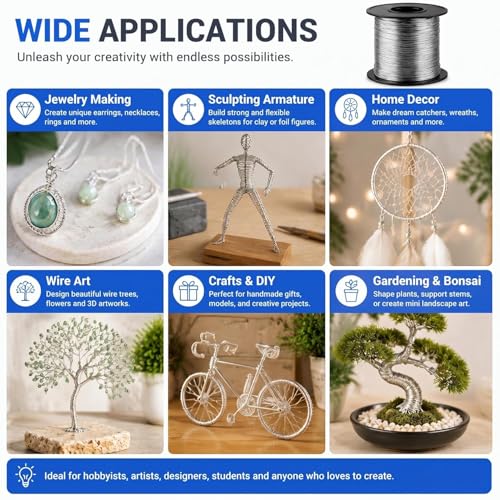 Image of Therwen 100ft 12 Gauge Stainless Steel Wire for Gardening, Electroculture, Bonsai, Jewelry Making Beading DIY Craft Pure Bare Stainless Steel Wire Spool