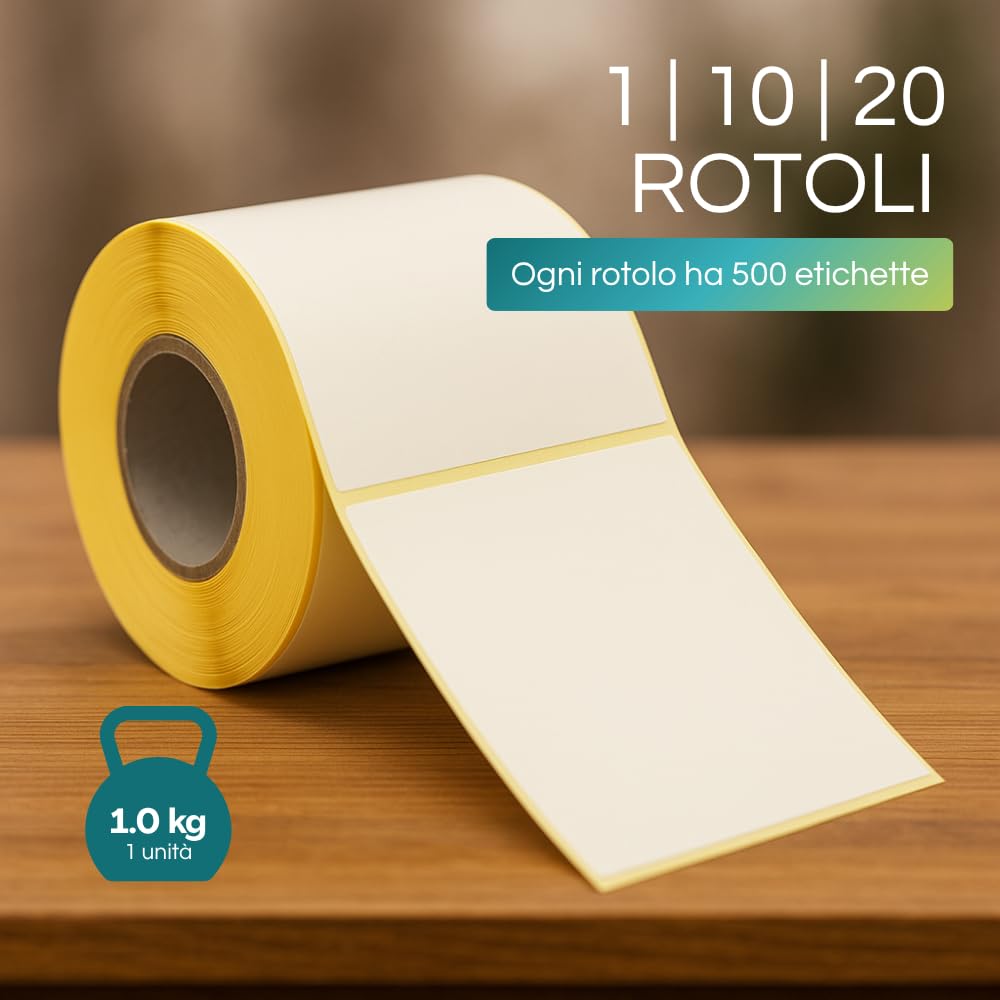 Virsus 20 Rotoli da 500 etichette termiche adesive, misura 100 x 100 foro 40 mm, etichette per stampanti, 10000 pezzi in totale