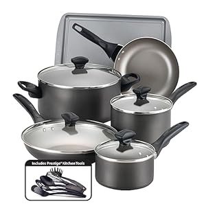 Farberware Dishwasher Safe Nonstick Cookware Pots and Pans Set, 15 Piece, Pewter