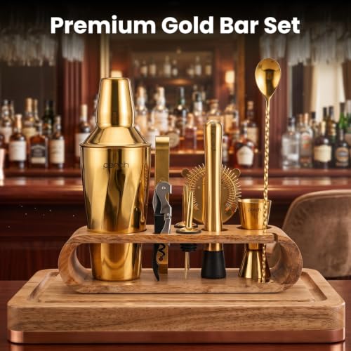 Image of O' Holic by Perch 10-Piece Bartender Kit with Mango Wooden Stand|Cocktail Shaker Gift Set with Jigger,Strainer,Spoon,Muddler, Pourers, Tongs & Corkscrew|Home Bar Accessories for Mixing Drinks (Golden)