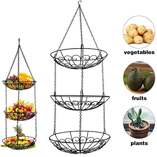3 Tier Fruit Basket, Vegetable Kitchen Storage Basket Chain Hanging Space Saving Rustic